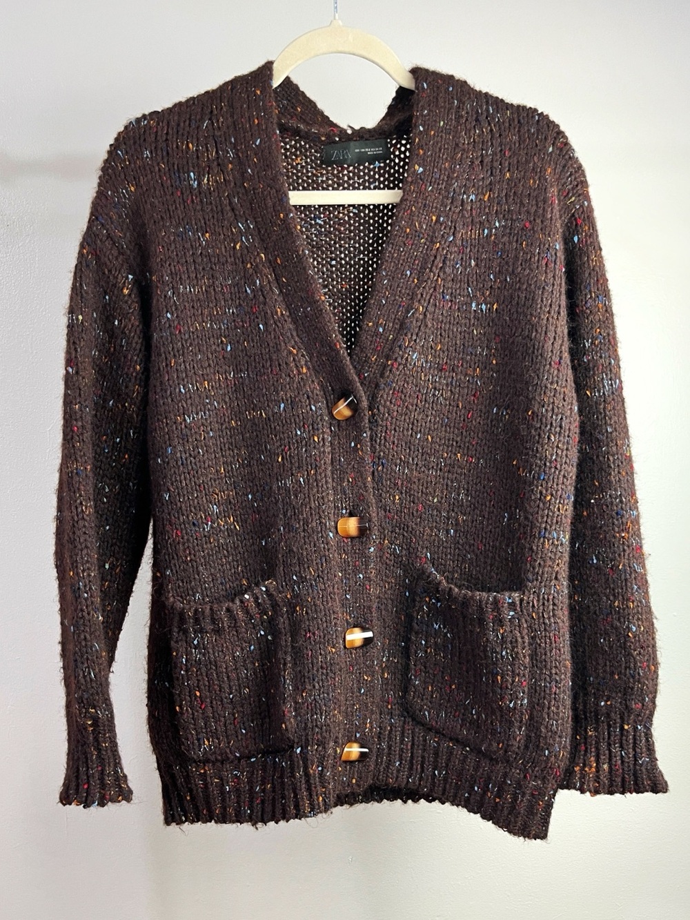 Zara Brown Speckled Knit Button Front Oversized Cardigan Size XS-S